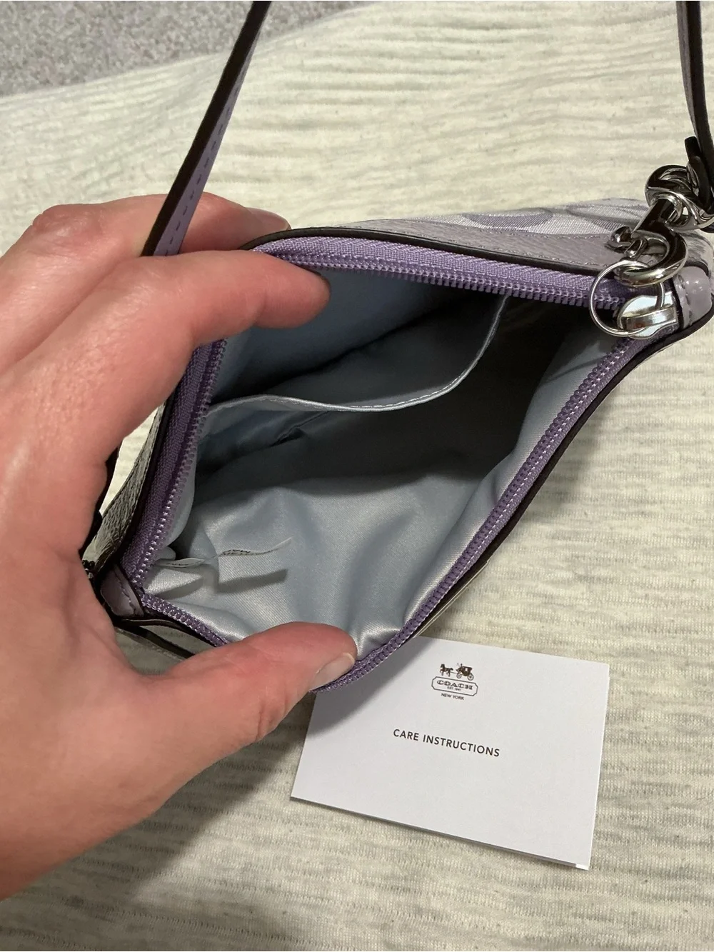 Coach Lavender Signature Wristlet with Leather Trim and Strap